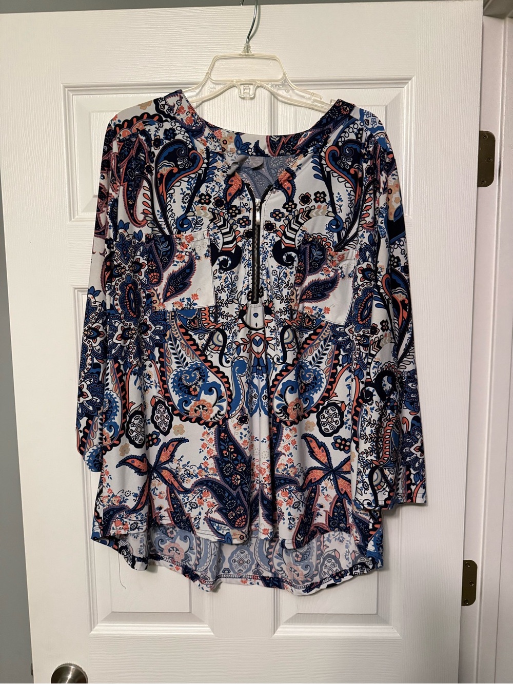 Paisley Scoop-Neck Blouse in Blue and Coral